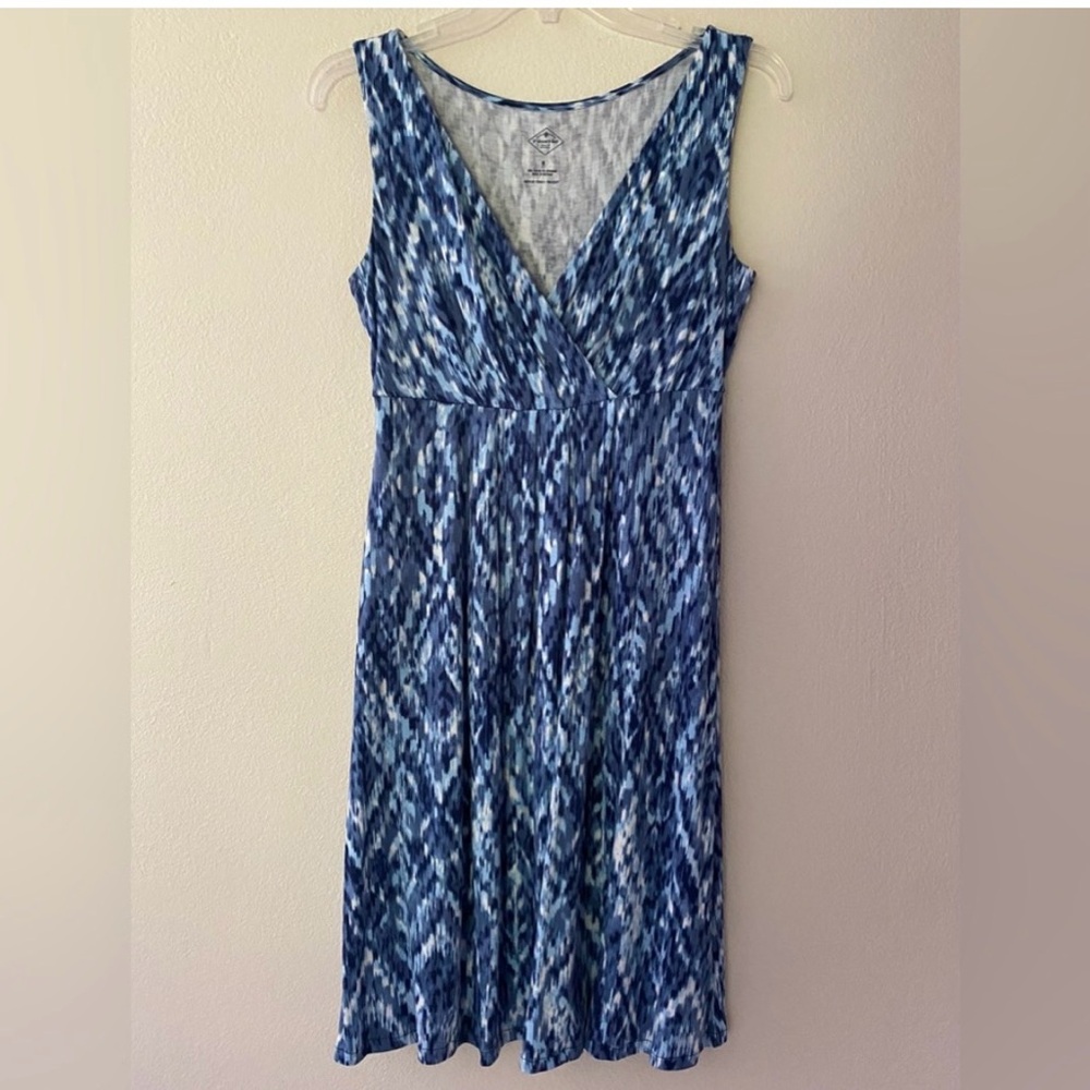 St John's Bay Sleeveless Dress Blues/White Size L Criss Cross V Neck Midi Length